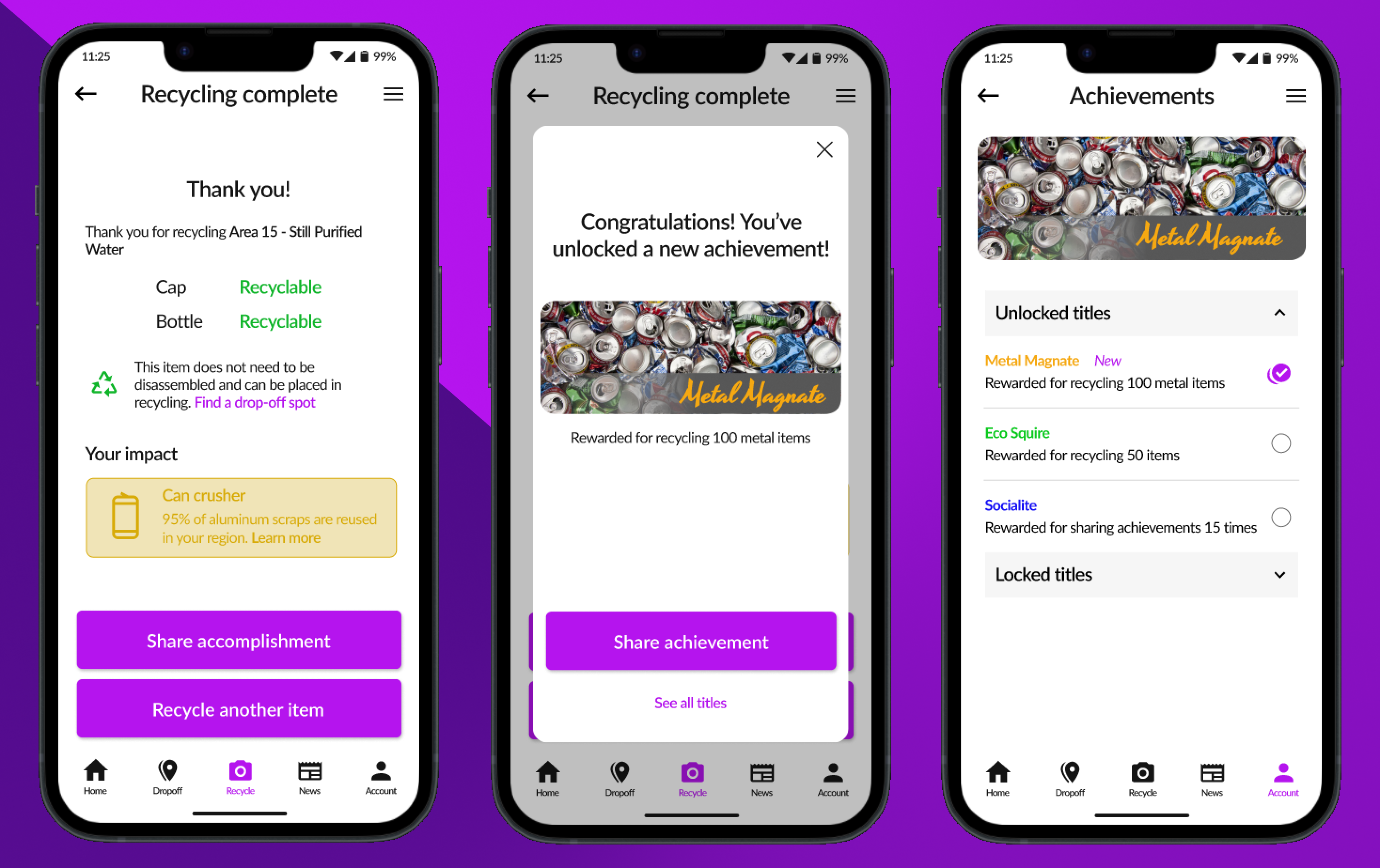 An image of some few key screens that demonstrate the achievements embedded within the app. Three screens are shown in order. From left to right, the screens show completing a recycling activity, unlocking a new title, and setting the title in the Achievements screen as the user's active title.