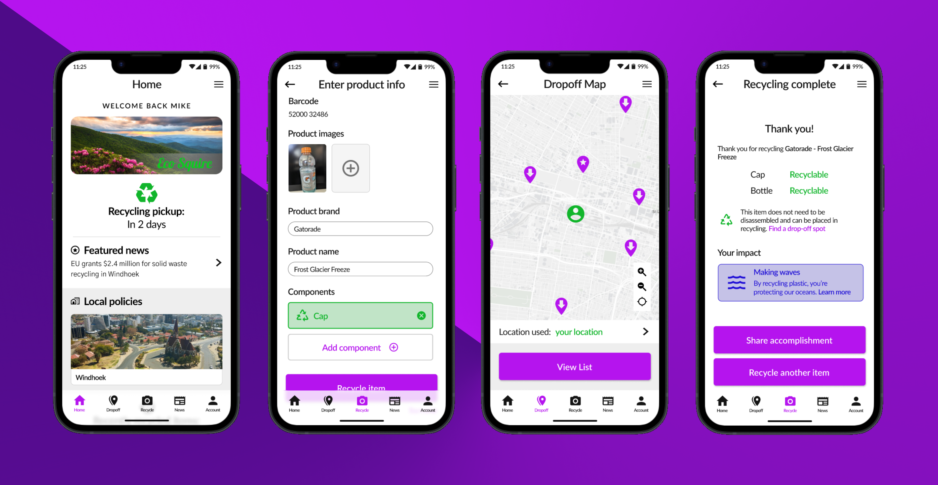 An image showing 4 key screens of the EcoScan app. From left to right, they are: the home screen, the product information screen, the Dropoff Map screen, and the Recycling Complete confirmation screen. All images are high fidelity mockups made in Figma and displayed in Apple iPhone frames.