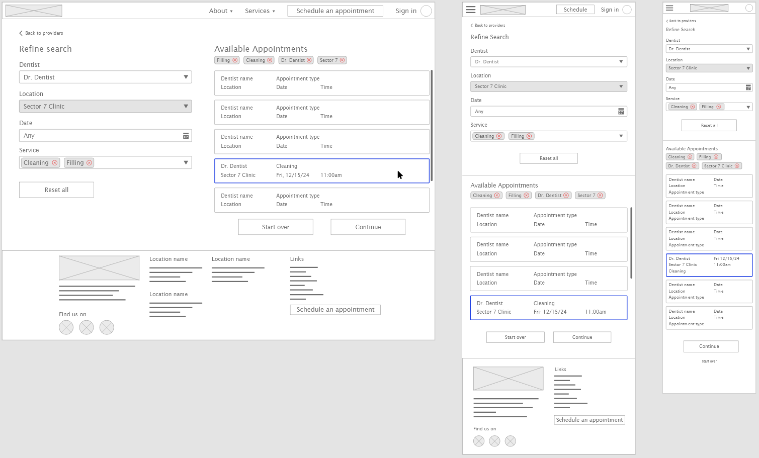 An image showing digital wireframes of a page in the scheduling user flow across three different screen sizes: desktop, tablet, and mobile. The wireframes are displayed in Adobe XD.