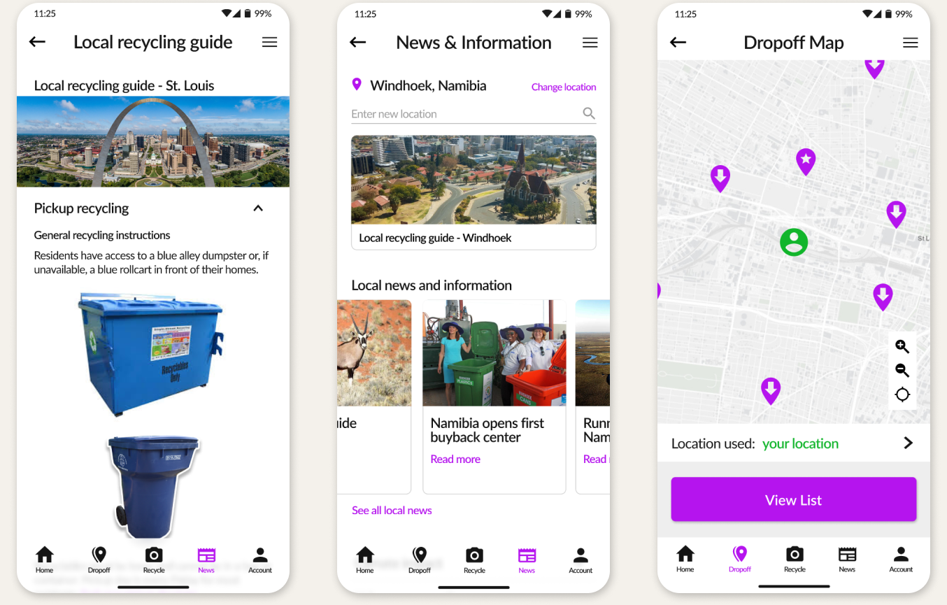 An image showing three screens of the location-aware educational features in the final EcoScan design