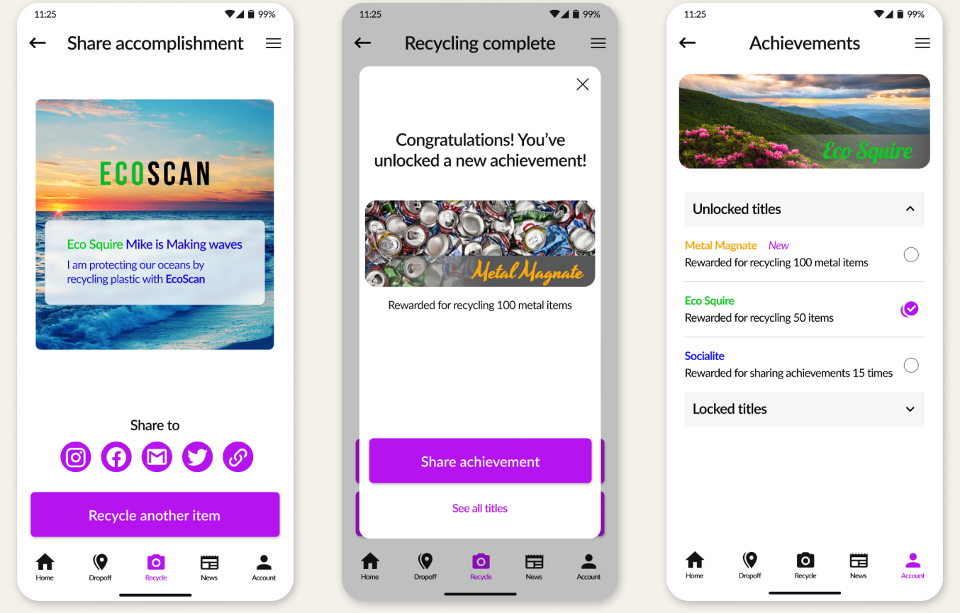 An image showing three screens of the positive reinforcement features in the final EcoScan design