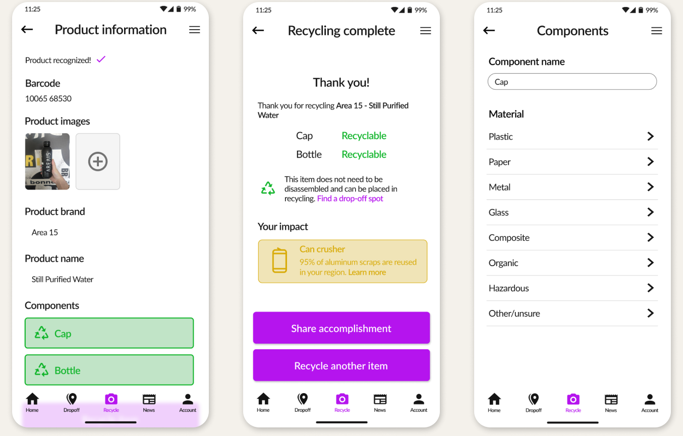 An image showing three screens of the recycling assistance features in the final EcoScan design