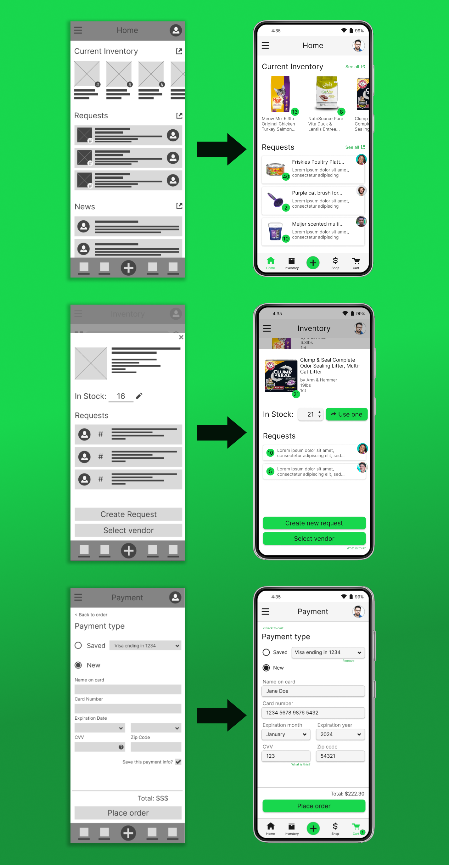 A stylized screen shot showing the transformation of low fidelity digital wireframes on the left and high fidelity digital mockups on the right. Three frames are shown for each: the home screen, the item screen, and the purchasing screen. Three arrows separate each pair, pointing to the right, indicating the change from the earlier state to the high fidelity Figma mockups.