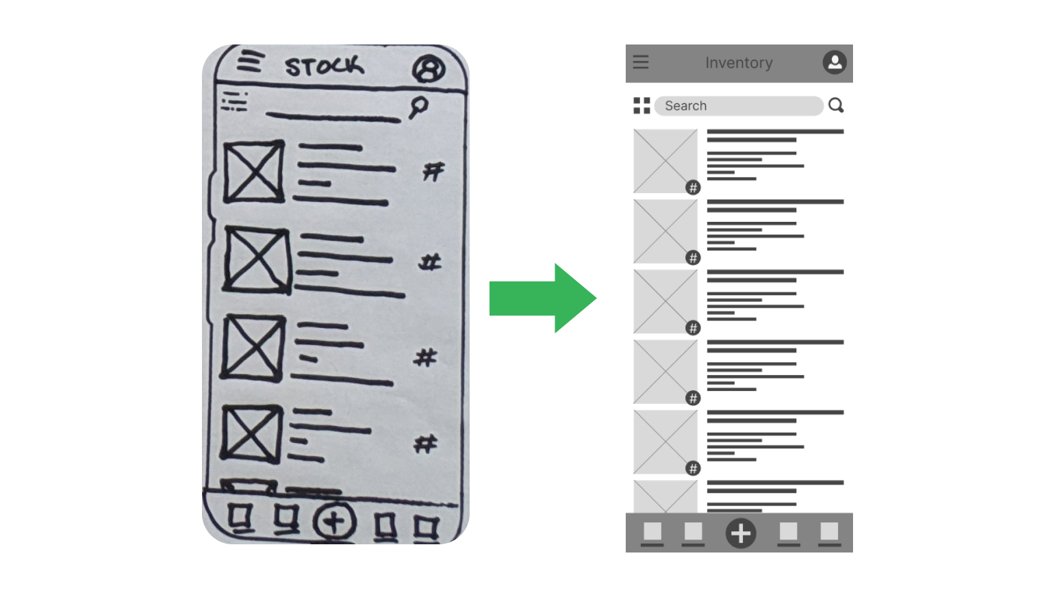 A screen shot showing the transformation of the inventory page from the original rough paper sketch on the left to the low fidelity digital Figma wireframe on the right. A green arrow points from left to right, indicating the transformation.