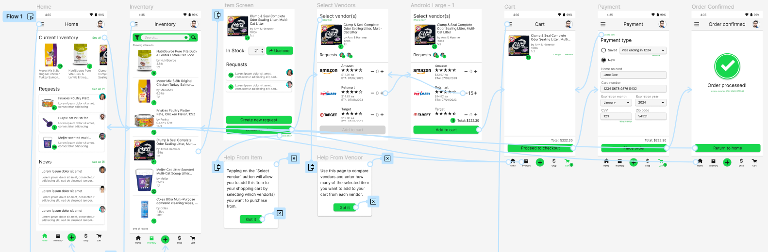 A screenshot of a portion of the high fidelity digital wireframes for this Figma project. This image shows the prototype connections between screens.