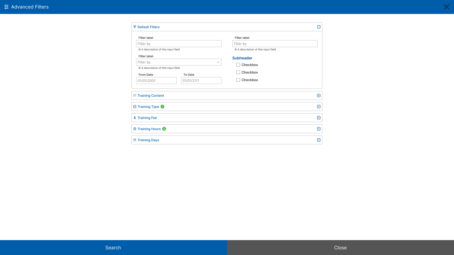The filters drawer overlaying the results page