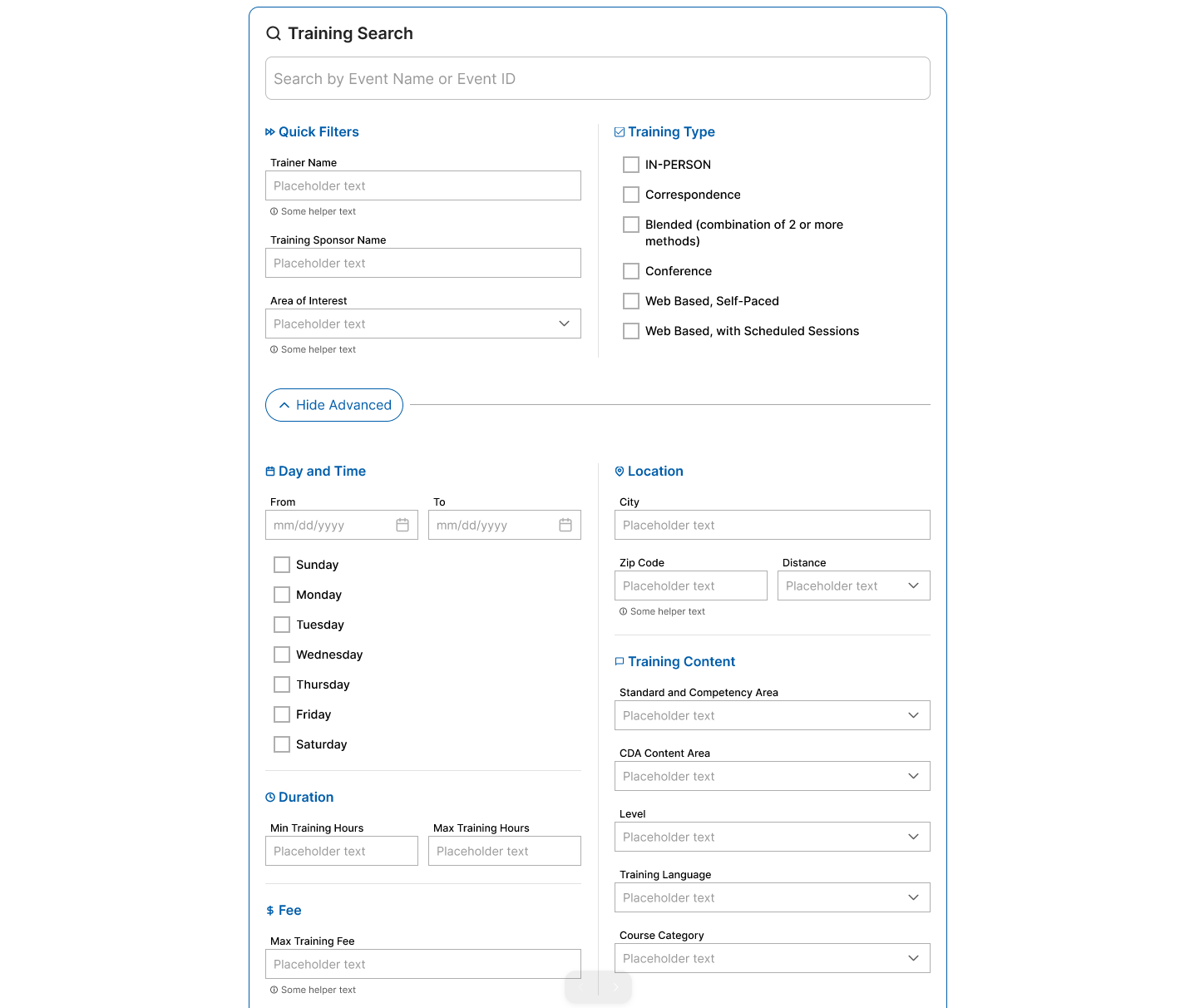 Less common filters are included under an expandable "Advanced" section