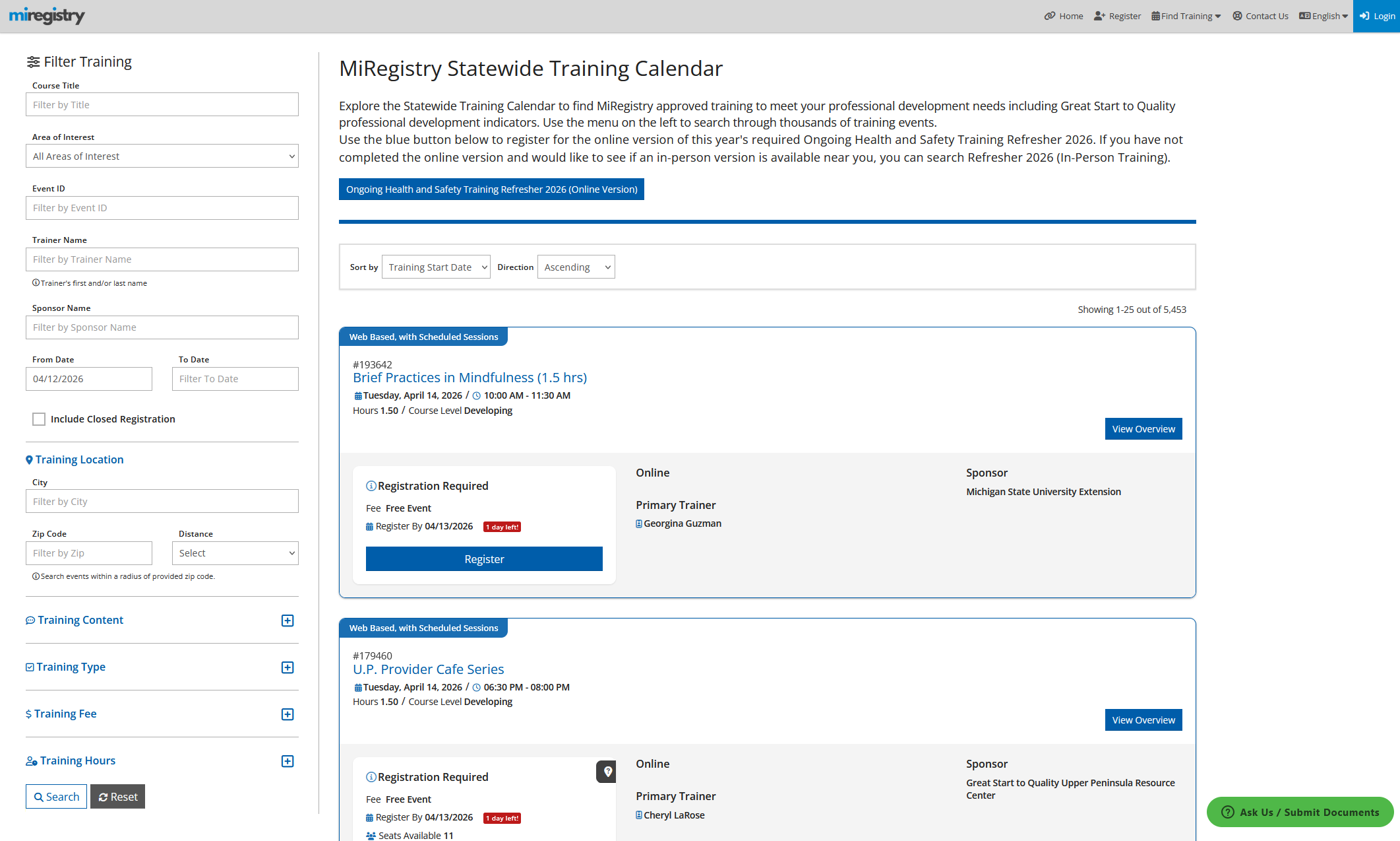 An image showing the legacy MiRegistry Training Calendar design